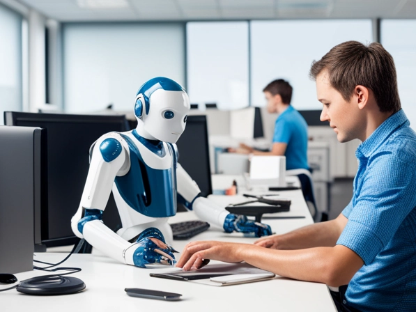 Mann und Text Roboter arbeiten zusammen im Office